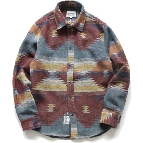 2019 Flannel Shirts Folk-custom Shirts for Men Vintage Woolen Leisure Pattern Dress Casual Shirt Men Japanese Streetwear Shirts