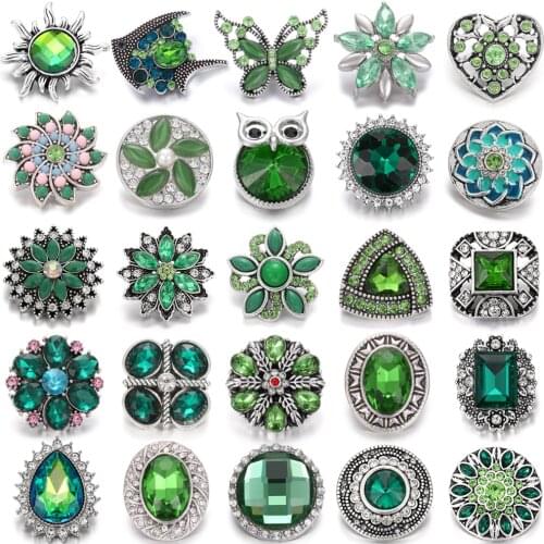 6pcs/lot Snap Button Jewelry 18mm Green Rhinestone Flower Snap Buttons Fit Leather Snap Bracelet Interchangeable Jewelry