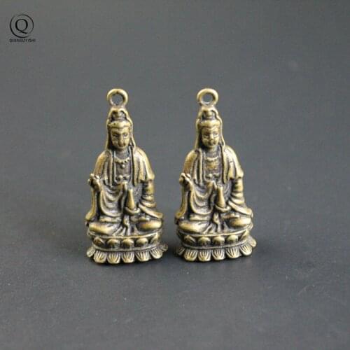 Antique Brass Guanyin Buddha Key Chains Rings Pendants Religious Buddhist Jewelry Bodhisattva Figurines Keychains Hangings