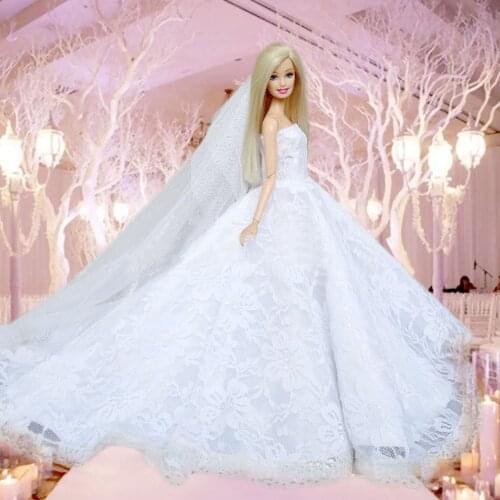Besegad Doll Long White Lace Embroidered Bridal Wedding Dresses Princess Evening Gown Clothes Head Veil Clothes for Barbie Toy