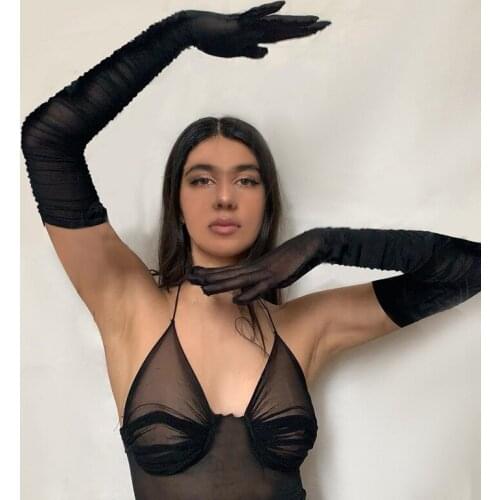 BKLD 2021 New Spring Halter Neck Women Sexy Backless Lace-up Crop Top Mesh Sheer Fishnet Ruched Bodycon Camisole Top With Gloves