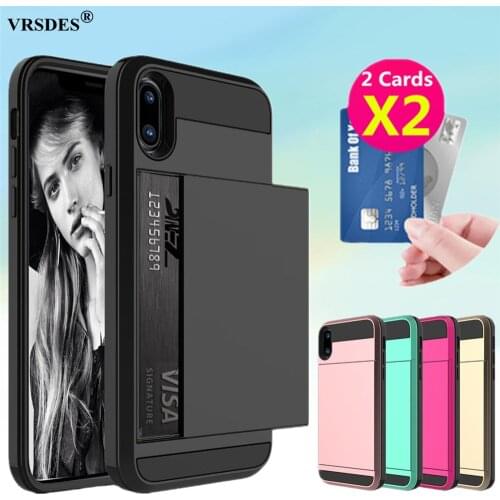 Slide Card Slot Holder Case For iPhone XS MAX XR X 6 6S 7 8 Plus 11 Pro Max 6.5 6.1 5.8 5 5S SE Hybrid Plastic TPU Silicone Case