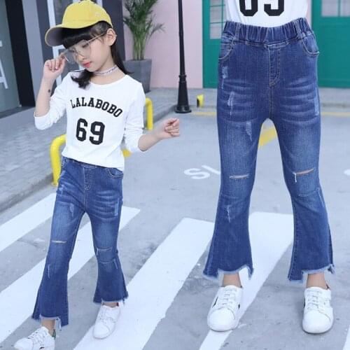 Children Girls Jeans Pants Kids Baby Bell-Bottom Trousers Spring/Autumn Fashion Hole Pants Vintage Clothes