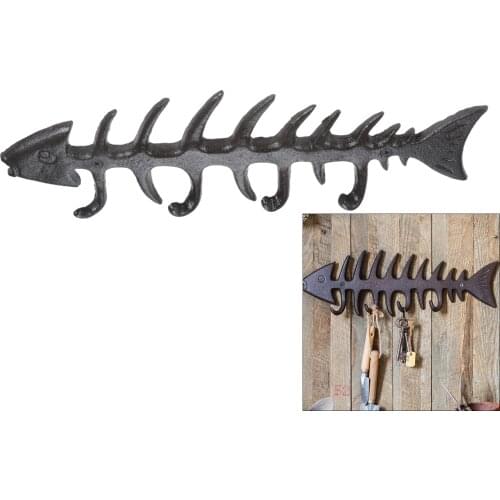 DRELD Fish Bones Cast Iron Hook Peg Decor Fishing Hooks Fishing Decorative Wall Hook Antique Animal Figurine Rack Hanging