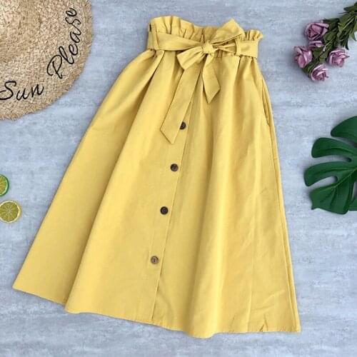 Elegant Skirts Womens Elastic Waist Buttons Bow Stretched Skirt With Pocket Female Solid Color Skirt