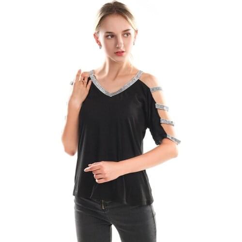 Spring Summer Autumn Cute Short Sleeve T Shirt Women Summer Solid Strappy Tee Shirt Casual Cold Shoulder Tops