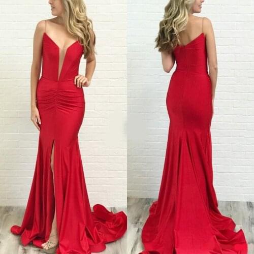 Red Mermaid Evening Dresses 2020 Spaghetti Side Split Draped Sweep Train Long Formal Prom Party Gowns robes de soirée Plus Size