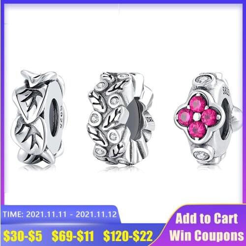 925 Sterling Silver clear CZ leaf pattern round stopper spacer beads Fit Original europeu Charm Bracelet DIY Jewelry making