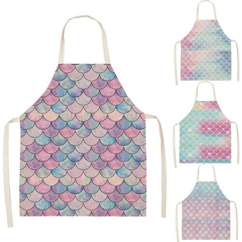 1 Pcs Scale Kitchen Apron Mermaid Printed Sleeveless Cotton Linen Aprons for Men Women Home Cleaning Tools