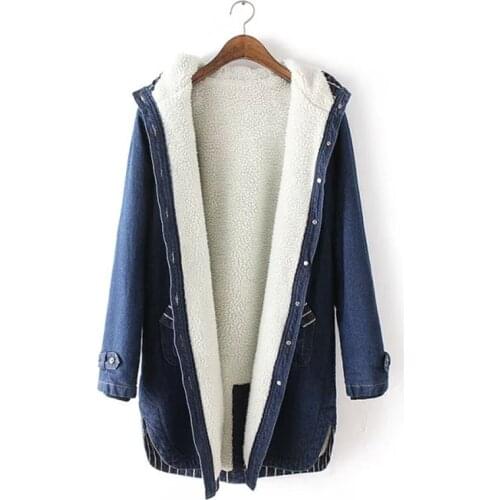 2018 Winter Women Lamb Fur Parka Coat Warm Hooded Fur Denim Jacket Big Size 3XL Casual Jean Coat Female Thick Warm Denim Jacket