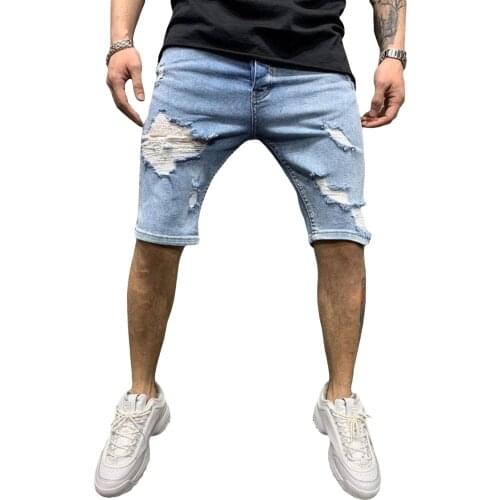 Summer New Style Men Casual Torn Open-Hole Jeans Adult Mid-Waist Slim-Fitting Tailored Plain Pocket Solid Five-Point Pants