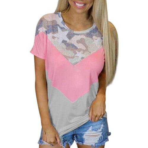 Summer Colorblock T Shirt Fashion Casual Camouflage Round Neck Tee Loose Short Sleeves Pullover Womens T-shirt