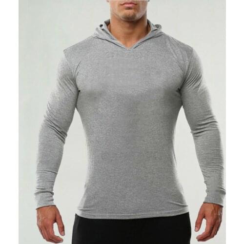 Mens Bodybuilding Long Sleeve T shirt Hooded Man Sportswear Cotton Slim Fit Gym T-Shirt Male Workout Joggers Fitness Clothing