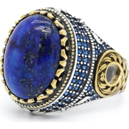 Natural Agate/Lapis Stone Genuine 925 Sterling Silver Ring For Men Zircon Clover 9 Number Lucky Wedding Jewelry Retro Punk Style