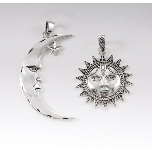 2 Pcs Accessorices Findings Antique Silver Color Large Charm Moon And Sun Face Pendants For Necklace Jewelry Making