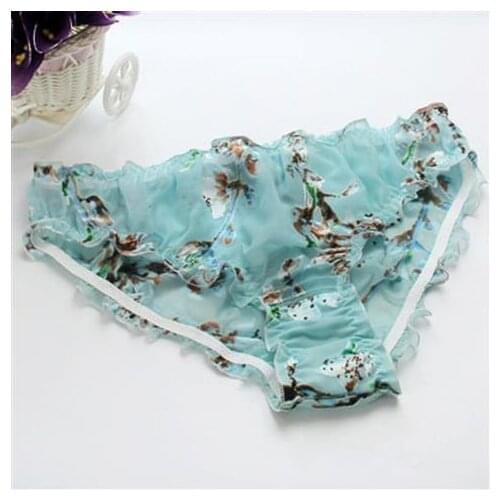 Silk burnt-out gauze lotus leaf edge 100% silk womens satin panties mulberry silk women underwear transparent print plus size