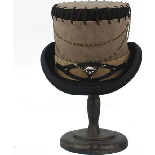 13.5CM Black Wool SteamPunk Top Hat Handmade Women Men with Leather Fedora Hat Millinery Goggles Party Cosplay Cap