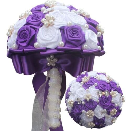 Wedding Bouquets Satin Ribbon Simulation Flower Pearls Crystal Bridal Accessories Sweet 15 Quinceanera Bouquets W128