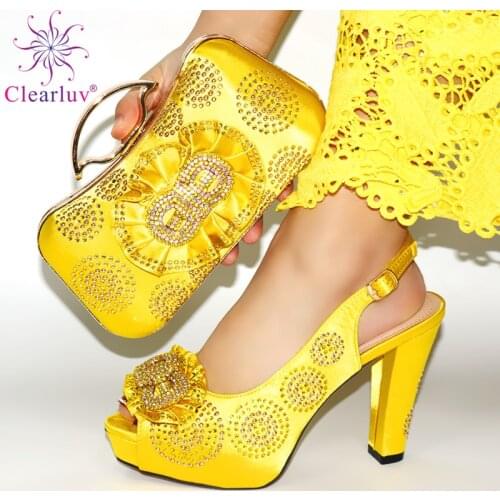 Yellow Latest Design African Women Wedding Shoes and Bag Set Decorated with Rhinestone Luxury Shoes Women Party Pumps