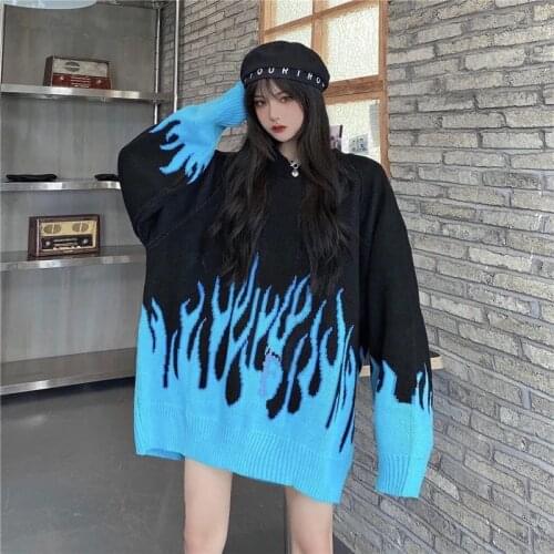 Punk Goth Streetwear Female Jacquard Unisex Sweater Harajuku Loose Vintage Hip Hop Korean Tops Couple Pullover Knit Men Sweater