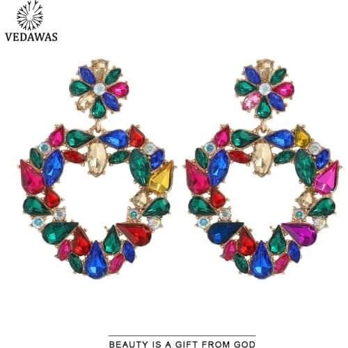 Vedawas Fashion Luxury Sexy Heart Earrings for Women Boho Rhinestone Shiny Round Hanging Dangle Earrings Wedding Jewelry Gifts