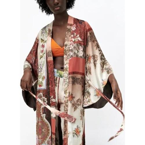 Fashion new ladies floral print kimono blouse bow tie belt shirt baggy celebration kimono blouse tops