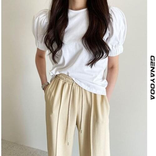 Genayooa Puff Sleeve Chic Womens T-shirt Summer 2021 O-neck Short Sleeve Tee Shirt Femme Korean Style Ladies Tops Clothes