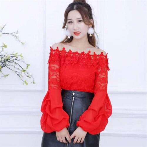 2018 Spring Summer Women Lace Blouse Sweet Floral Slash Neck Lace Shirt Female lantern Sleeve Bottoming Blouses Short Tops AB814