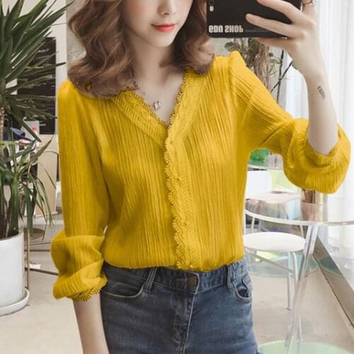 2021 Autumn V-Neck Puff Sleeve Solid Womens Blouse Striped Lace Shirts Plus Size 3XL Long Sleeve Single Breasted Shirts 11087