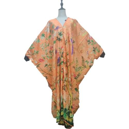 Vestuário europeu Floral printed Bohemian V-neck Women Maxi dress Traditional Kuwait Muslim women silk Kaftan dress for women