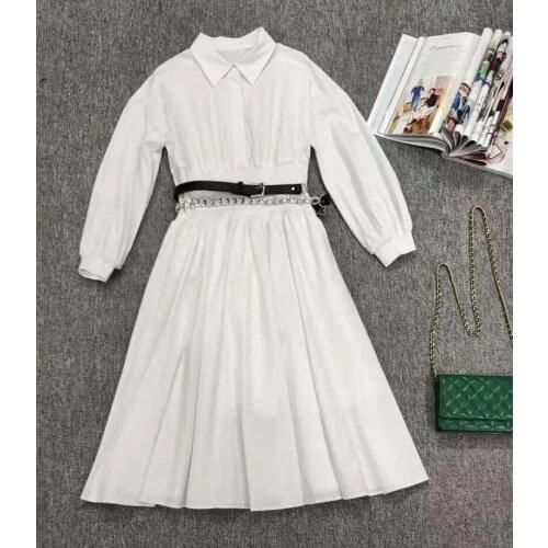 2021 Autumn Fashion Long Shirt Dress High Quality Women Turn-down Collar Beading Necklace Deco Long Sleeve White Black Dress