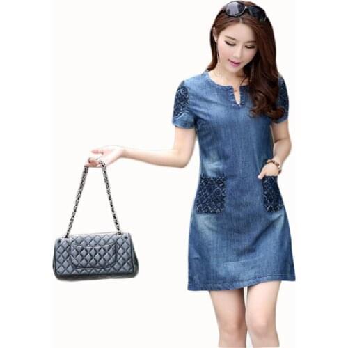 Vestidos Denim Women Dress Summer Large Size Dresses 2015 New Fashion Elegant Ladies Loose Short Sleeve Dress C16
