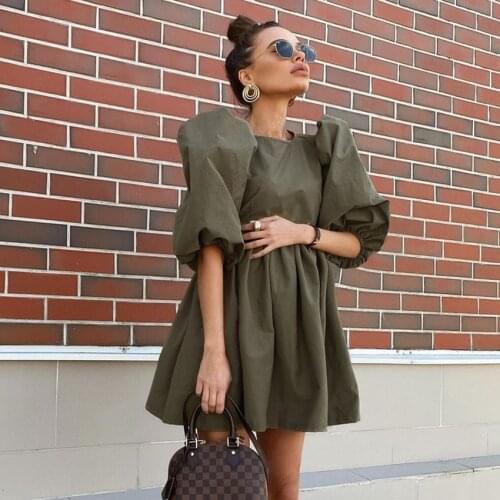 Платьелетнееженское2021Big Puff Sleeve Women Pleated O Neck Casual Short Dress Holiday Ladies A-Line Mini Cotton Dresses