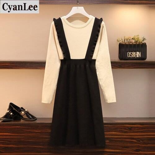 Plus size women vintage patchwork Fake Two Piece Set Autumn Long Sleeve knitted elegant women Dress winter warm sweater dress