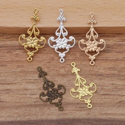 100 PCS 15x28mm Silver plated Brass Hollow Out Flowers Filigree Wraps Connectors Copper Charm DIY Hand Made Jewelry Accessories
