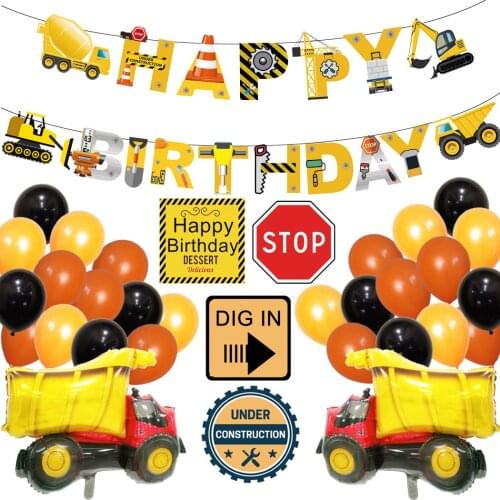 35pcs Engineering Theme Birthday Package Balloon Excavator Engineering Vehicle Construction Banner Flag Party Decoration