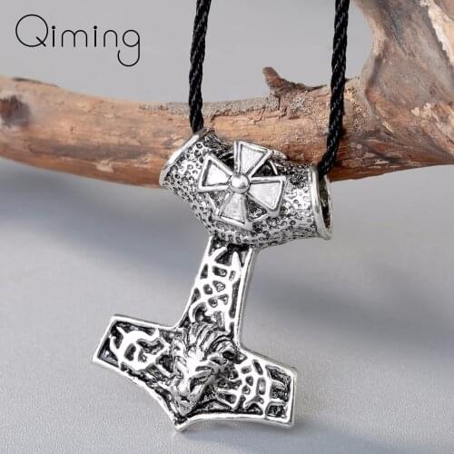 Antique Lion Tiger Punk Men Necklace Jewelry Thors Hammer Mjolnir Viking Pendant Norse Jewelry Scandinavian Choker Necklace