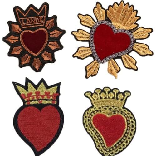 1Piece Gold Crown Red Love Heart Applique Embroidery Patch for Clothing Cute Motif Iron on Patches DIY Badge Garment Decoration