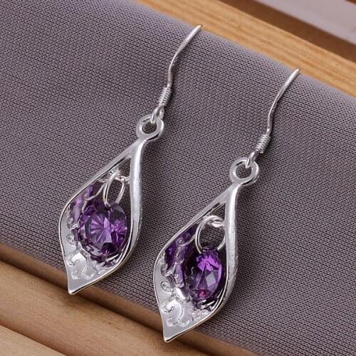Free Shipping!!Wholesale silver plated Earring,925 jewelry silver,Purple Stone Shell Earrings SMTE207