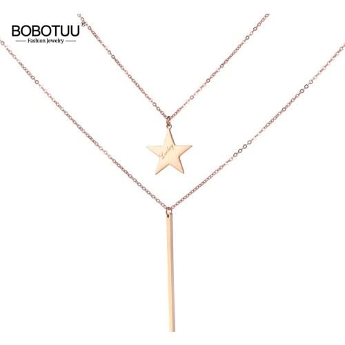 BOBOTUU Strip & Lucky Star 2 Layers Necklace Stainless Steel Rose Gold Color Neckalce Fashion Jewelry For Christmas Gift BN18279