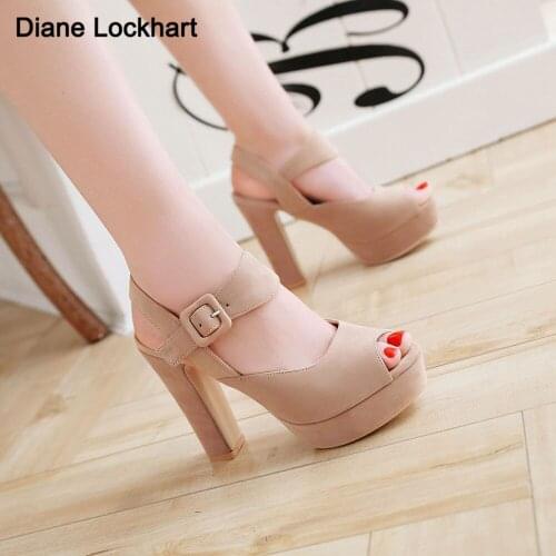 2021 Summer New Shoes Womens Thick heel Sandals High Quality PU Leather Buckle Strap Ladies Fish mouth High Heels Apricot Black