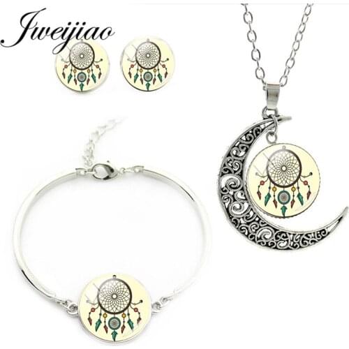 JWEIJIAO New Dream Cather Pendant Necklace Earrings Bracelets Jewelry Sets Glass Cabochon Art Picture Charms Bohemia Gift DH01