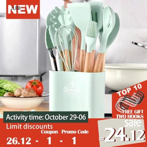 13Pcs Silicone Cooking Utensils Set Non-Stick Spatula Shovel Wooden Handle Cook Tool With Storage Box Kitchen Tool Accessories