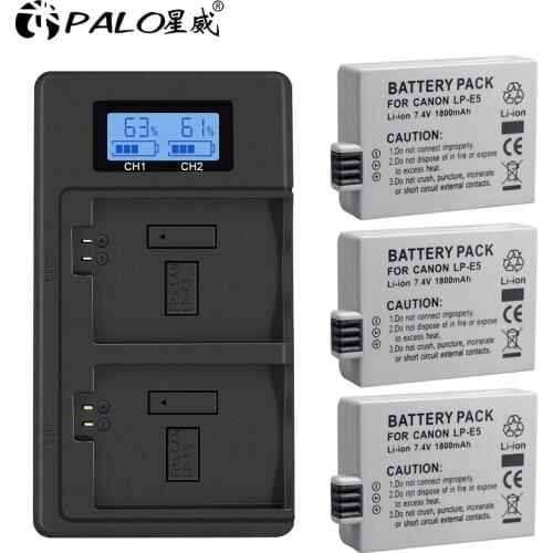 Palo 3pcs lp-e5 LP E5 camera battery for Canon camera+LPE5 battery charger LCD dual slot for EOS 450D 500D 1000D Kiss X3 F Xsi