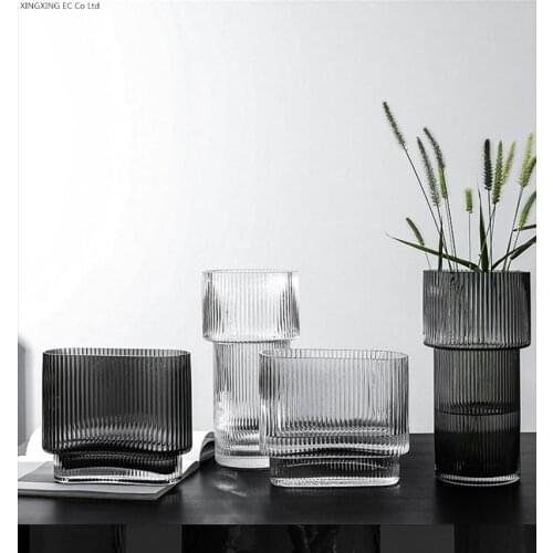 Striped Transparent Glass Vase Ornaments Living Room Flower Arrangement Decoration Glass Container Nordic Home Decoration