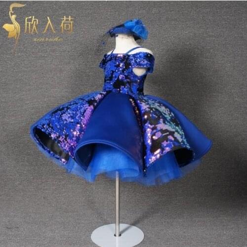 Sparkly Royal Blue Flower Girls' Dresses Infant Toddler Baptism Tutu Princess Ball Gowns Birthday Dress Custom Real Photos