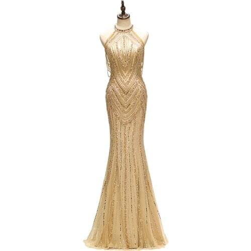 Luxury Tulle O-Neck Tank Tassles Beading Mermaid Fishtail Sleeveless Long Mermaid Evening Dress Vestido de noche Robe de soiree