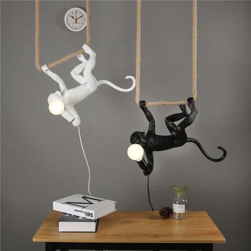 Modern Resin Hemp Rope Animal Pendant Lights Black White Monkey Lamp Hanging Lamp Living Room Monkey Light Indoor Pendant Lamp