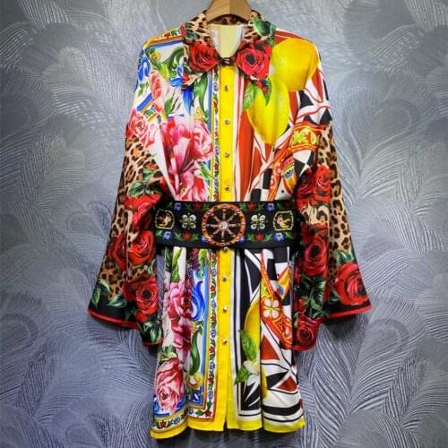 2021 Spring runways womens Belt Shirt dress Italy style print long sleeves dress C733