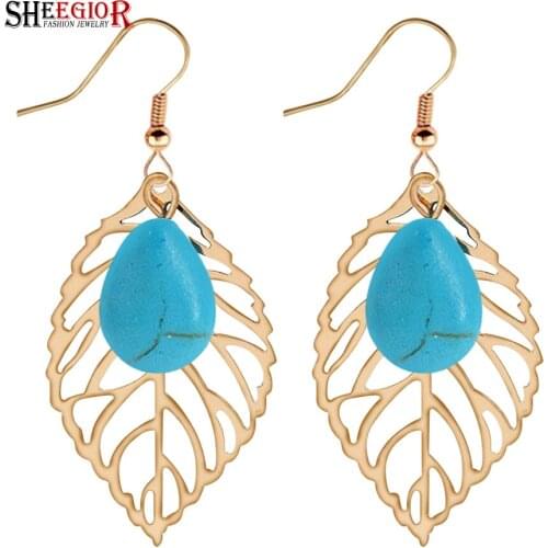 SHEEGIOR Korean Turquoises Dangle Earrings Women Accessories Lovely Gold Big Hollow Leaf Drop Long Earring Fashion Jewelry Gifts